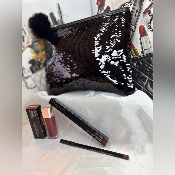 Anastasia 2pc Lip Essential W/Black sequin cosmetic pouch NIB - Picture 7 of 11